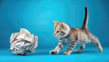Playful Kitten Chasing After a Blue Paper Ball on a Bright Background Vibrant Energy and Joyful Movement in this Adorable Scene photo