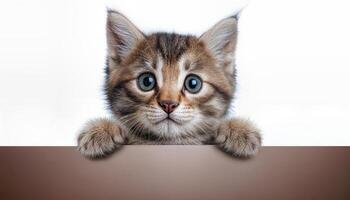 Kitten holding a blank banner against an isolated transparent background, capturing playful curiosity and vibrancy in a minimalistic setting. photo