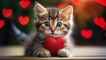 Sweet Kitten Nuzzling a Red Heart Adorable Valentines Day Scene Featuring a Playful Feline and Romantic Accessory, Captured in Soft Lighting and Vibrant Colors. photo