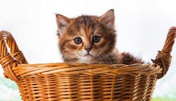 Playful Siamese Kitten Nestled Comfortably in a Rustic Wicker Basket, Surrounded by Soft Natural Light and Cozy Textures, Capturing the Innocence and Whimsy of Childhood Memories. photo