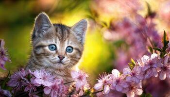 Playful Kitten Amidst a Blossoming Cherry Blossom Tree, Capturing the Essence of Springtime in Full Bloom with Soft Pastel Colors, Delicate Petals and Whimsical Energy. photo