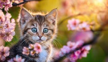 Kitten in Bloom A Playful Ball of Fluff Amidst Blooming Tulips, Radiating Joy and Springtime Vibrancy photo
