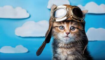 Playful Kitten in Pilots Hat and Goggles Preparing for an Exciting Adventure in the Sky Cute Animal Character in Fun Costume, Showcasing a Whimsical Mood and Vibrant Colors photo