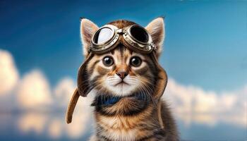 Whimsical Kitten Adorned in Pilots Gear, Gazing Towards Adventure Above the Cloudy Skyline, Cloaked in a Soft Pastel Hue. photo
