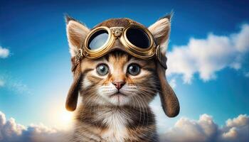 Adorable Kitten in Pilots Hat and Goggles, Embarking on an Adventure in the Sky A Cute Animal Character Dressed in a Fun Costume, Exuding Energy and Anticipation photo