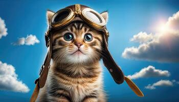 Playful Kitten in Pilots Hat and Goggles Preparing for an Exciting Aerial Adventure Adorable Animal Character Dressed in Fun Costume, Ready to Explore the Sky. photo