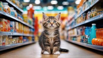 Adorable Kitten Gazes Wistfully Upward Amongst Colorful Pet Store Aisle Shelves Playful, Curious, and Full of Potential. photo