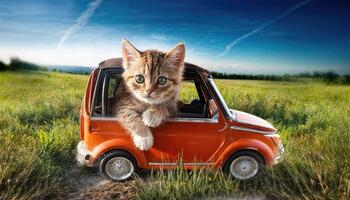 Playful Tabby Kitten Exploring a Classic Convertible Car in a Vintage Setting, Capturing Whimsical Charm and Warmth Amidst a Sunset Backdrop. photo