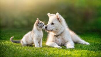 Playful Moment A Kitten Sharing Affection with a White Swiss Shepherd Puppy amidst the Lush, Verdant Grass Field under Soft, Warm Sunlight photo