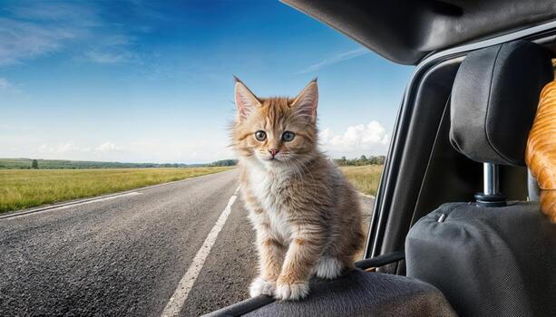 Playful Kitten Riding in a Classic Car Adorable Felinity Contrasted with Retro Vehicle, Set Against a Backdrop of a Scenic Sunset, Projecting Joy and Whimsy photo