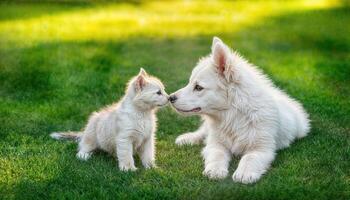 Playful Kitten and White Swiss Shepherd Puppy on Lush Green Grass under Bright Sky Heartwarming Moment of Animal Friendship on a Beautiful Spring Day photo