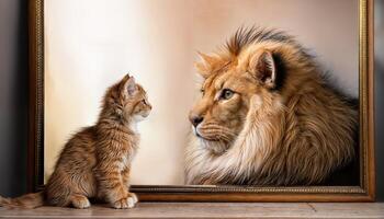 Kitten Mistakenly Encountering Its Regal Doppelganger A Mirror Image Turned Lion at Twilight,3 photo