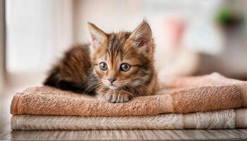 Playful Tabby Kitten Lounging on Soft Striped Towels, Basking in Warm Sunlight with a Cuddly Expression, Capturing the Joy and Comfort of a Cozy Afternoon. photo