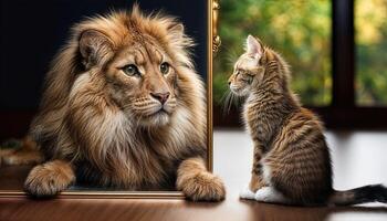 Enthralling Encounter A Curious Kitten Mistaking Reflection for a Regal Lion, Amidst Rich Textures and Vibrant Hues in an Imaginative Realm. photo