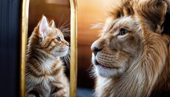 Kitten Perplexed by LionLike Image in Mirror at Twilight, Caught in the Dramatic Play of Shadows and Light, Embracing a Moment of Astonishment in a Serene Home Setting. photo