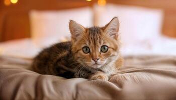 Playful Tabby Lounging on a Soft Velvet Bed, Capturing the Whimsical Charm and Fluffy Textures of a Cozy Indoor Retreat with an Adorable Purr. photo