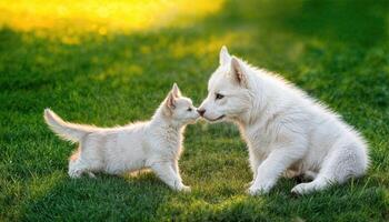 Kitten Kissing White Swiss Shepherd Puppy on Green Grass Playful Moment Captured Against a Backdrop of Springtimes Vibrant Palette. photo