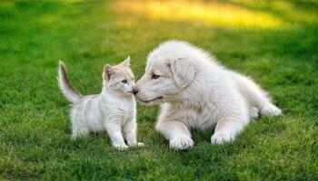 Adorable Moment Playful Kitten and Friendly White Swiss Shepherd Puppy Sharing a Sweet Kiss on Lush Green Grass, Under a Clear Sky with a Hint of Springtime Bliss. photo