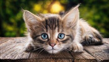 Cute Kitten Lounging on a Rustic Wooden Table, Snuggled Amongst Weathered Textures and Patinated Surfaces, Creating a Cozy Atmosphere in a Vintage Setting. photo