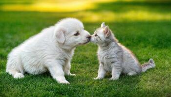 Endearing Moment Kitten Playfully Nuzzling White Swiss Shepherd Puppy on Lush Green Grass under Soft Sunlight, Expressing Joy and Friendship photo