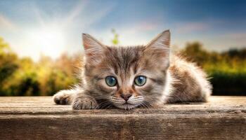 Adorable Kitten Nap on Antique Wooden Table Soft Furry Mascot Nestled Amongst Vintage Textures and Shadows, Showcasing a Cozy Scene of Relaxation and Serenity. photo