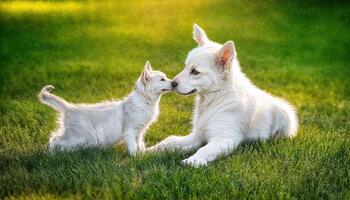 Kitten and White Swiss Shepherd Puppy Playing on Green Grass under Sunlight, Adorable Interspecies Friendship in a Serene Nature Setting photo