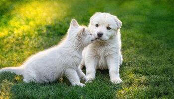Playful Kitten Sharing a Tender Moment with White Swiss Shepherd Puppy on Lush Green Grass Field at Sunset Warmth and Joy Captured in a Heartwarming Scene photo