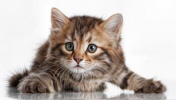 Playful Whitebackground Kitten, Catching the Eye with Its Vibrant Gazed and Fluffy Fur, Snuggled in a Clean Background for Digital Art or Design Inspiration. photo