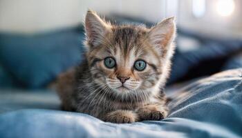 Kitten Lounging Comfortably on a Velvet Bed with Burnt Sienna Accents under Soft Sunlight Streaming Through Drapes, Invoking a Cozy and Serene Atmosphere. photo