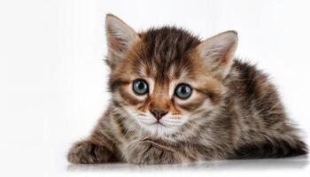 Playful White Kitten Against Stark Contrast of Pure Backdrop, Showcasing Soft Fur Textures and Bright Eyes, Capturing the Innocence and Joy of Childhood. photo