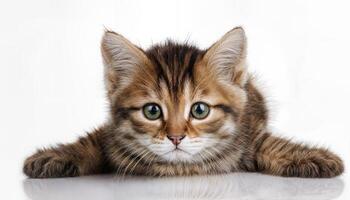 Playful Kitten in pristine White Background, Captivating its Audience with Soft Fur Textures and Enchanting Eyes, Perfect for Digital Art, Home Decor, or Design Inspiration. photo