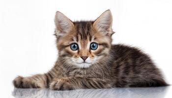 Playful Tabby Cat Against a Pure White Backdrop, Capturing the Innocence and Softness of Youth Amidst Minimalist Settings with a Touch of Elegance. photo