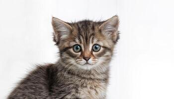 Playful White Backdrop Whiskered Feline, Captivating its Audience with Expressive Eyes and Fluffy Fur Textures in a Vibrant Studio Setting photo
