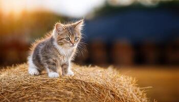 Playful Kitten Lounging Amidst Hay Bales in Rustic Barn Setting, Basking in the Warm Sunlights Soft Glow, Capturing the Whimsy and Serenity of a Cozy Outdoor Classroom. photo