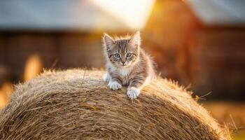 Kitten Playfully Perched on Bale of Hay in Cozy Barn Setting, Capturing the Rustic Charm of an Outdoor Classroom at Dusk with a Touch of Whimsy. photo