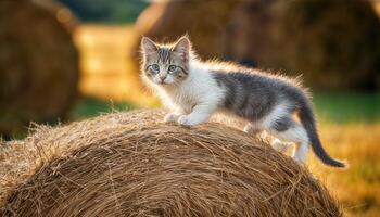 Kitten Playfully Perched on Bale of Hay in Rustic Barn Setting, Capturing the Charm of a Peaceful Outdoor Classroom at Late Afternoon photo