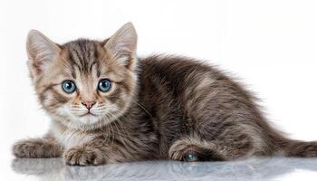 Fluffy White Kitten Against a Minimalist Background, Showcasing Soft Fur Textures and Boundless Curiosity under Gentle Spotlight in Evening Hour. photo