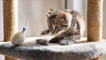 Playful Kitten Engaged in Interactive Game on Luxurious Cat Tower, Majestic Feline Frolic with Vibrant Toys, Snuggled Amongst Rich Textures and Elegant Designs, Captivating the Eye with Joyous photo