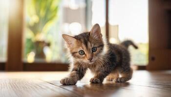 Adorable Siamese Kitten Playfully Exploring a Cozy Modern Home, Captured in Soft Focus Amidst Pastel Colors and Textures. photo