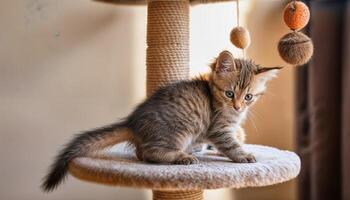 Playful Kitten Exploring a Cat Tower, a Whimsical Blend of Fur, Toys, and Modern Architecture in a Cozy Home Environment, Illuminated with Soft Light and Bold Colors. photo
