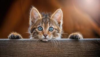 Playful Kitten Peeking from Behind Mismatched Blinds on a Cozy Armchair A Snapshot of Whimsy and Charm in a Vintage Room, Embracing a Touch of Antique Warmth. photo