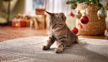Playful Tabby Kitten Exploring a Cozy Home Interior, Captured in Soft Focus and Warm Lighting, Embracing the Joy of Childhood in the Evening Hour. photo