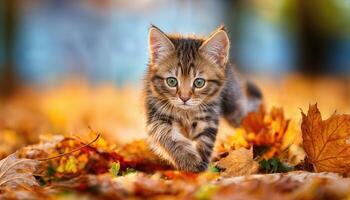 Kitten Dashing Across Leaves Amidst Autumn Hues, Playful Energy and Joy Echoing in a Whimsical Woodland Scene photo