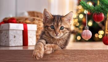 Adorable Kitten Playing at Home Joyful Feline Frolic Amidst a Cozy Living Room Decor, Bathed in Soft Light and Vibrant Colors, Exuding Warmth and Happiness. photo