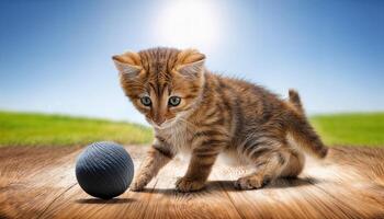 Kitten Playfully Engaging with a Ball Cute Tabby Frolicking in a Vibrant Living Room, Surrounded by Textured Fabrics and Sunlight Streaming through Windows, Capturing Joyful Energy and Cozy photo