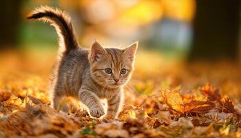 Kitten Darting through Autumn Leaves, Playful Vibrancy Amidst a Woodland Backdrop, Catching the Eye with Warmth and Whimsy at Twilight. photo