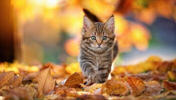 Kitten Dashing Across Autumn Leaves at Nightfall, Showcasing Playful Energy Amidst Rustic Textures and Earthy Tones, Perfect for Digital Art, Home Decor, or Design Inspiration. photo