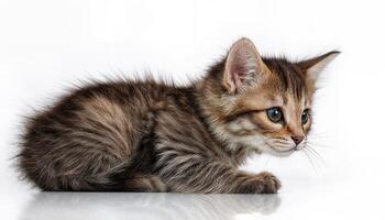 Playful Kitten Strikes a Charming Pose Against a Neutral Backdrop, Demonstrating Feline Grace and Vibrant Whiskers in a Bold Portrait. photo