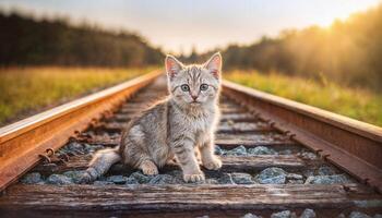 Mischievous Kitten Exploring Abandoned Railway Tracks Amidst a Lone Sunrise, Curiosity Painted Across its Face in an Autumnal Meadow. photo