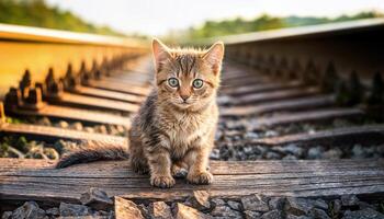 Kitten Playfully Perched on Railway Tracks Against a Dusky Backdrop, Displaying Innocence and Adventure in an Industrial Setting at Twilight. photo